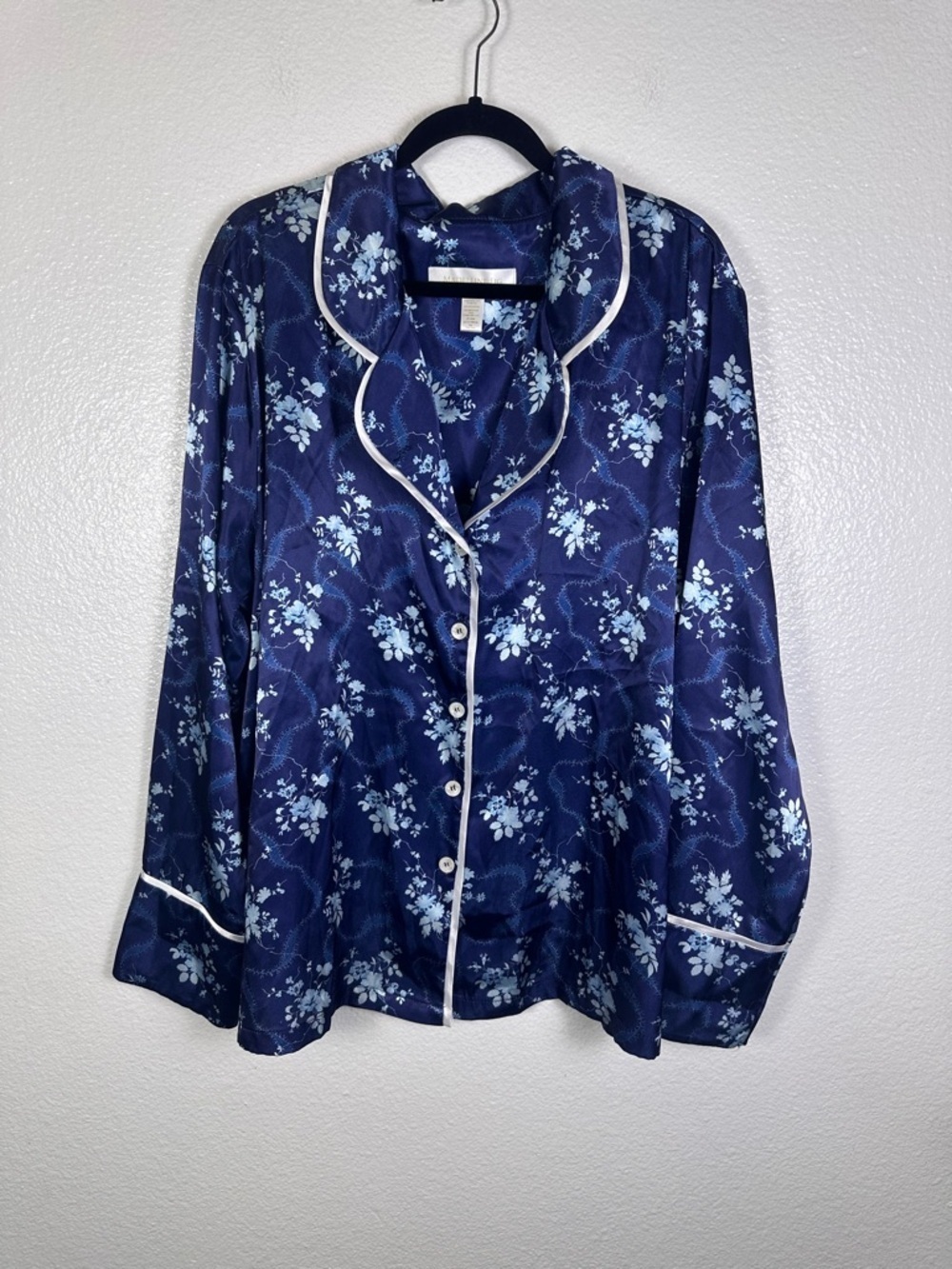 Madeleine Fig Women's Navy Floral Satin Pajama Set 3XL Plus Size Long Sleeve - Picture 2 of 10